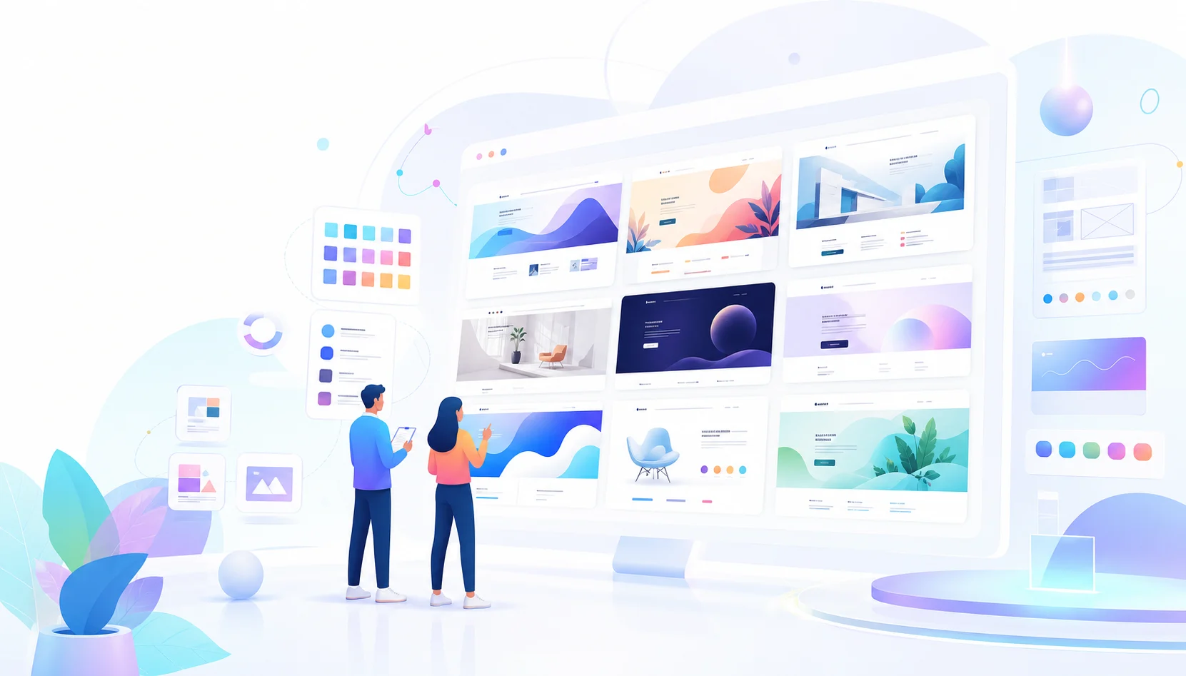 Curated gallery of website sample concepts in a bright futuristic workspace