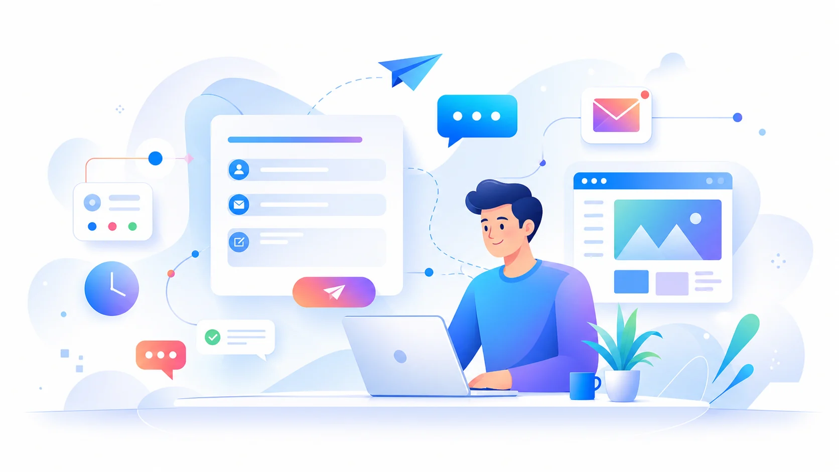 Web design inquiry scene with a project message, contact form, and website preview