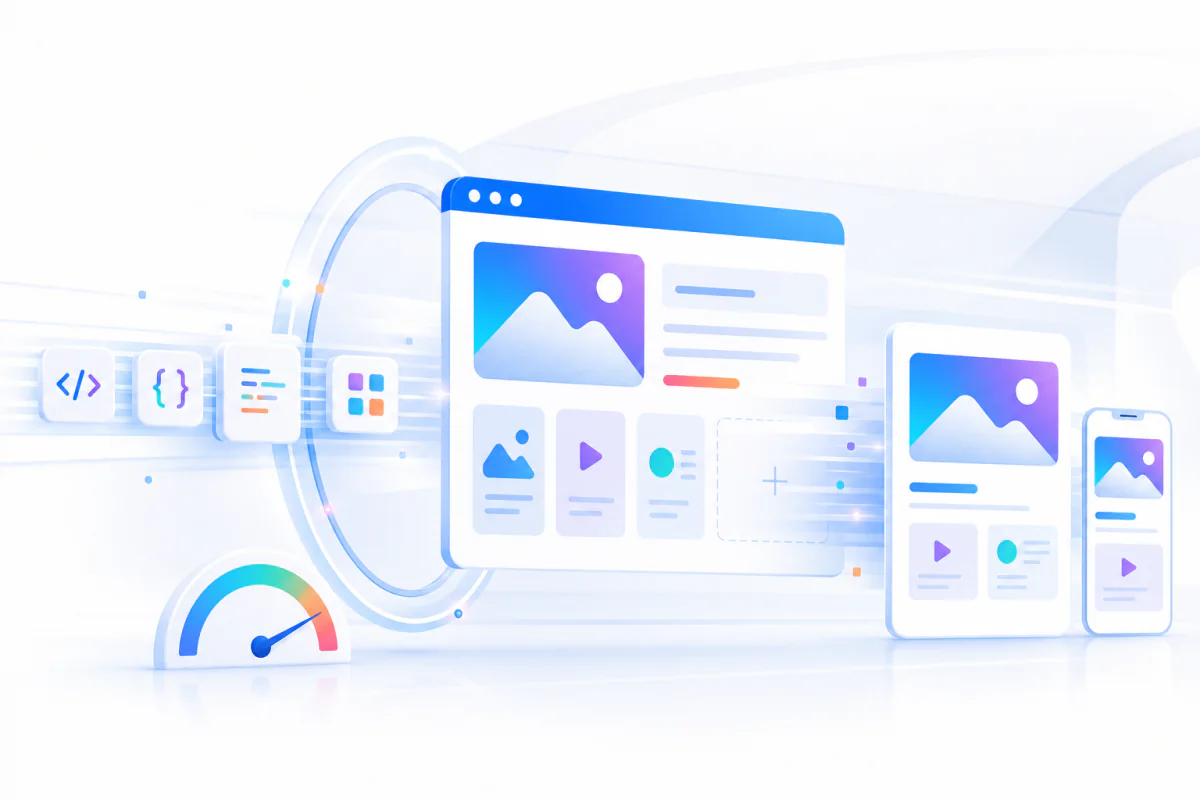 Lightweight website components flowing into responsive browser, tablet, and phone layouts with a performance gauge