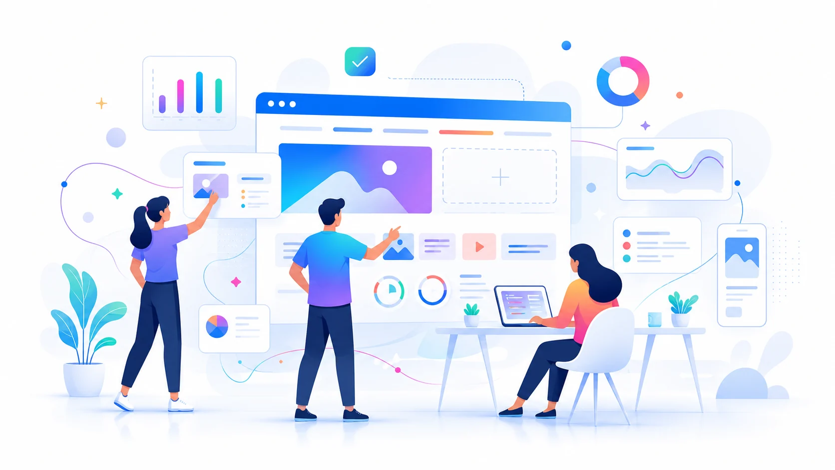 Designers arranging website layouts, analytics panels, and responsive previews for a modern small business website
