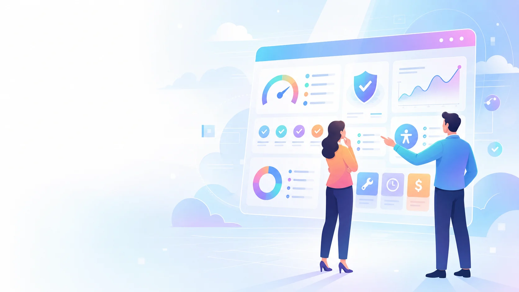 Website audit dashboard showing checks for speed, SEO, security, accessibility, and cost